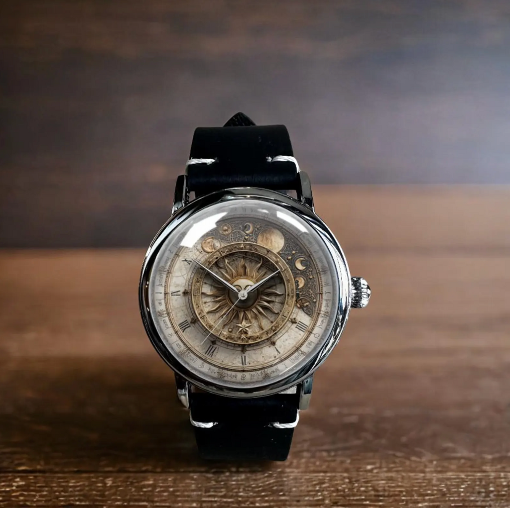 Sun And Moon Mechanical Leather Watch.