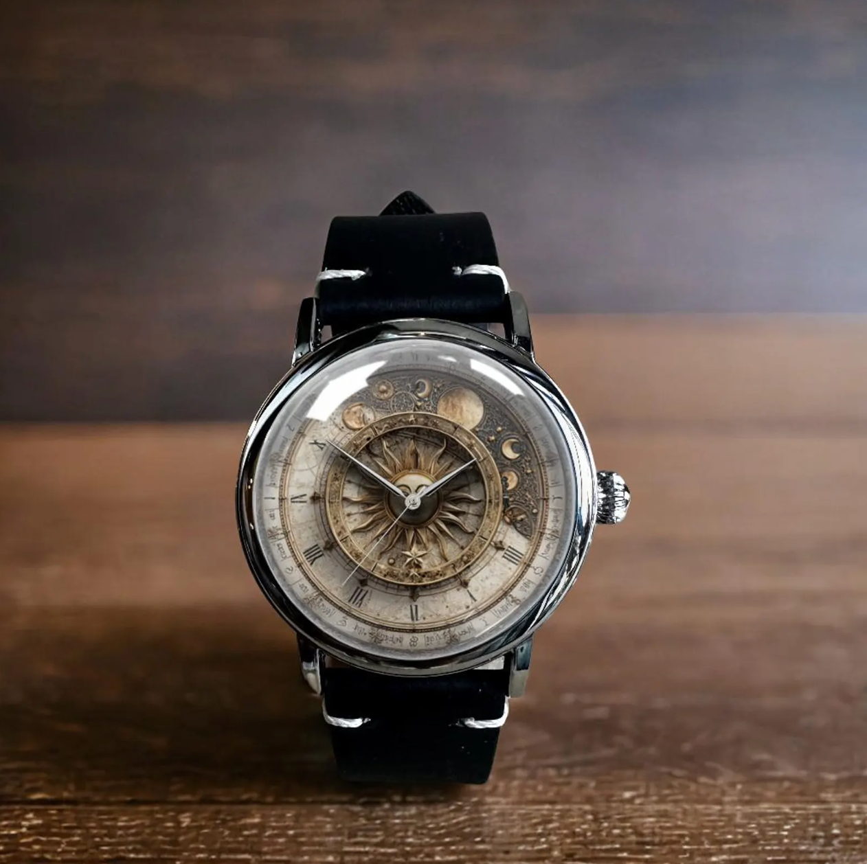 Sun And Moon Mechanical Leather Watch.