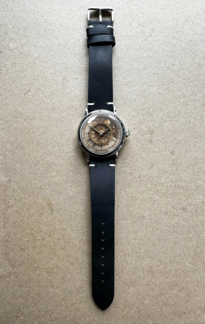 Sun And Moon Mechanical Leather Watch.